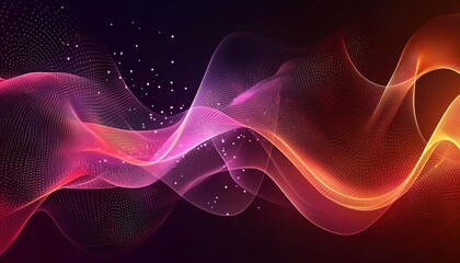 Obraz premium The illustration shows flowing, translucent waves of pink and orange with a dark background and small particles of light.