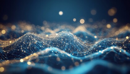 The illustration shows a three-dimensional network of interconnected points forming undulating hills against a dark background with bokeh effects.