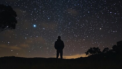 Fototapeta premium The illustration shows a person standing in a field at night, silhouetted against a dark sky filled with numerous stars of varying brightness.