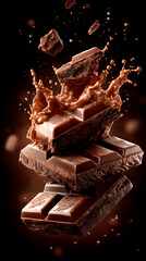 Tabletas de chocolate con salpicaduras en fondo oscuro