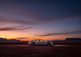Fototapeta premium Stylish Electric Car at Sunset in the Desert