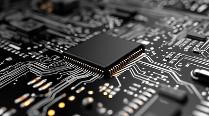 A closeup of a black circuit board with a microchip, showcasing intricate electronic components and detailed connections.
