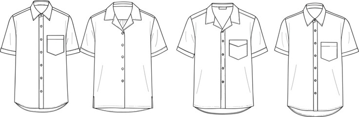 Men’s short sleeve shirt technical flat sketch, button down front, pocket detail, collar design, vector CAD drawing fashion template © Obaidul Vector Zoon