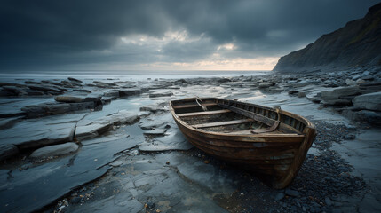 Abandoned wooden rowboat on a rocky beach under dramatic stormy sky.