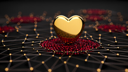 Golden heart on a network of red spheres and lines, a symbol of love and connection for valentines day and other romantic occasions