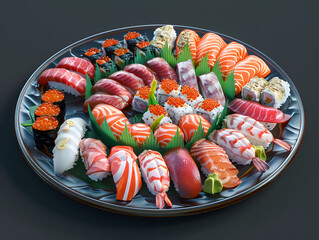 Japanese Sushi Assorted Platter: Raw Seafood Nigiri, Maki, Sashimi, Fresh Ingredients