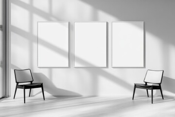 Minimalist interior with modern armchair and blank posters in sunlit room