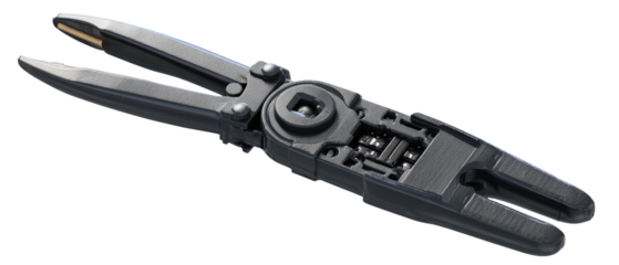 Gray, foldable, mechanical tool with articulated jaws