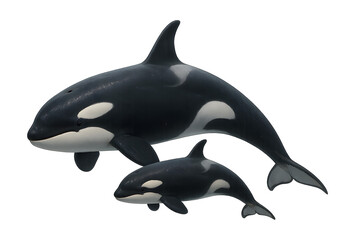 Fototapeta premium Two mother and baby orca whales swimming in the vast open ocean, transparent background.