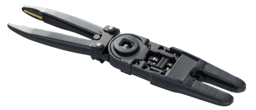 Gray, foldable, mechanical tool with articulated jaws