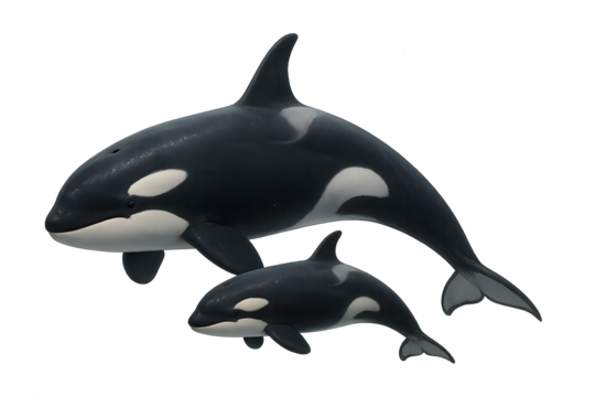 Two mother and baby orca whales swimming in the vast open ocean, transparent background.