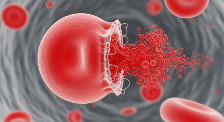 Scientific visualization of a red blood cell bursting in a blood vessel, representing hemolysis and cellular destruction