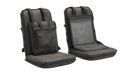 Fototapeta premium Two gray, padded, portable seats, each with a small backpack-style bag attached. One seat is angled slightly forward, the other is straight. A see-through panel is visible on the back of each