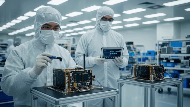 Technicians wearing face masks and gloves configuring satellite communication modules during integration phase in a cleanroom.