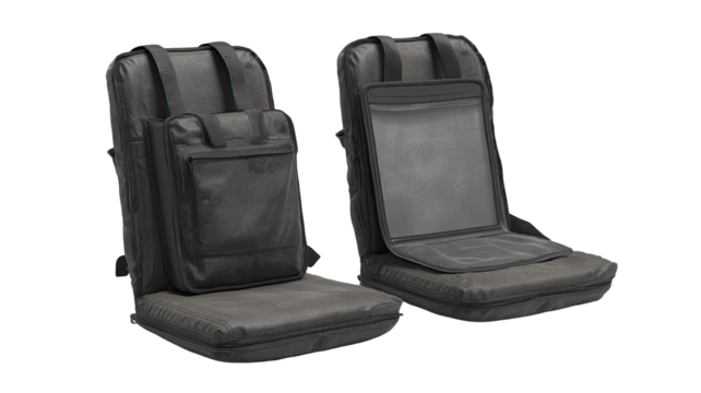 Two gray, padded, portable seats, each with a small backpack-style bag attached.  One seat is angled slightly forward, the other is straight.  A see-through panel is visible on the back of each