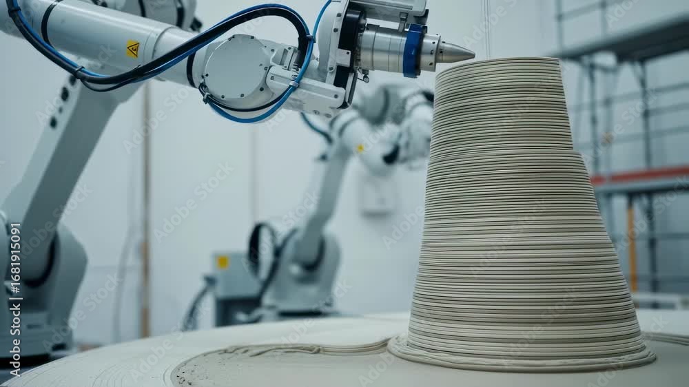 Poster footage of a robotic arm adjusting nozzle angles while layering walls showcasing adaptive technology