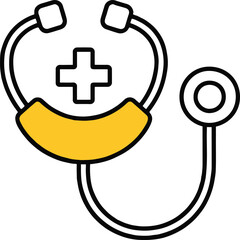 Illustration of a stethoscope with a yellow accent and a cross symbol, , representing medical equipment for healthcare and diagnosis in a clinic or hospital setting