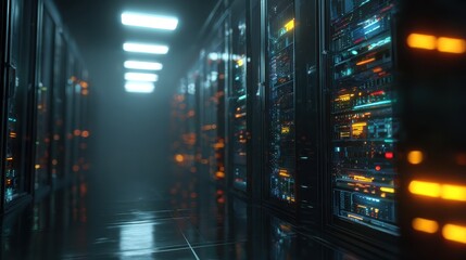 High-tech data center with glowing servers, modern server racks, network infrastructure, digital data storage, cloud computing equipment, cybersecurity setup, server room with LED lights, IT tech