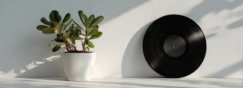 A simple arrangement of a potted plant and a vinyl record on a white surface. Sunlight casts gentle shadows