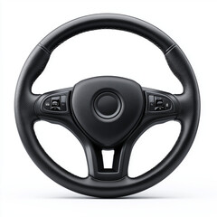 A modern car steering wheel with sleek black design, circular shape, detailed grip, isolated on white background, essential driving control tool.