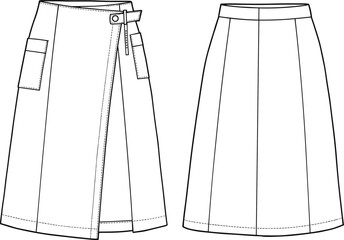 Midi wrap skirt flat sketch, pocket detail, fashion CAD drawing, front and back view, technical vector template, apparel design illustration