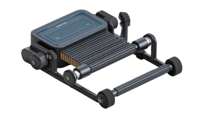 Compact, dark gray exercise device with ribbed rollers, digital display, and wheels