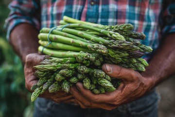 Person holding a large bunch of fresh green asparagus spears outdoors