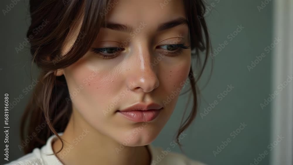 Poster subtle gaze shift of a realistic person against a simple lit background, perfect for conveying intro