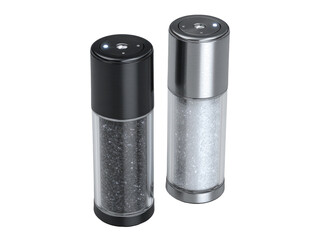 Two cylindrical spice dispensers, one black and one silver, filled with crystals