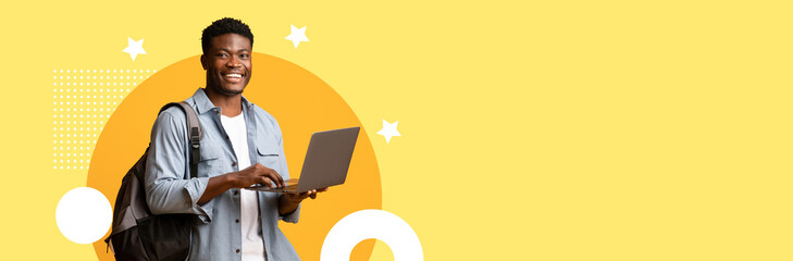 A student stands with a laptop, smiling while engaged in learning. The backdrop features a vibrant...