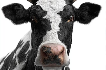 Close-up of a cow's face.  Black and white spotted coat, attentive gaze,  pink nose