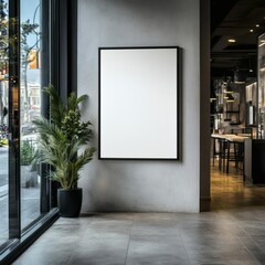 An interior with a blank poster on a wall and a large plant