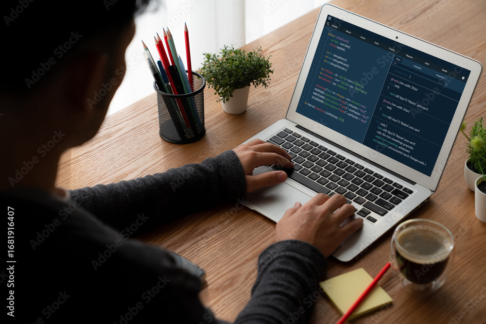 Poster software development programming on computer screen for modish application and program coding