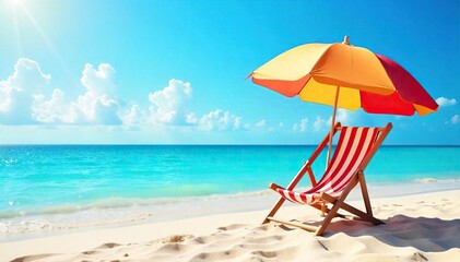 Relaxing beach scene with a striped deck chair and a vibrant beach umbrella providing shade on a sunny day Perfect for summer vacation, holiday, or travel themes , tropical, background