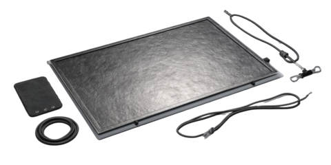 Flat rectangular display with accessories.  Grey textured screen, several cables, and a small box.  Surrounding components suggest a portable, self-contained device