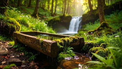 A rustic wooden trough, filled with water, sits amidst lush greenery near a tranquil waterfall in a sunlit forest.