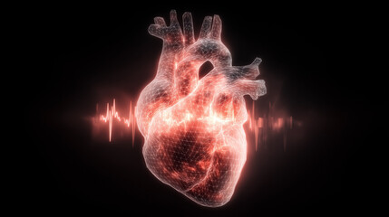A vibrant digital artwork of a glowing heartbeat line forming a heart shape, set against a black background.
