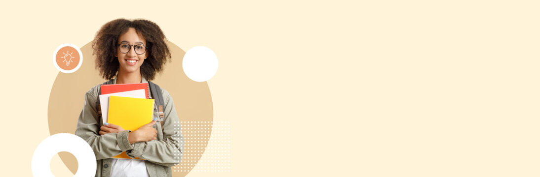 A joyful student stands proudly holding a stack of colorful folders in a contemporary educational environment. Bright and inviting backdrop enhances the learning atmosphere.