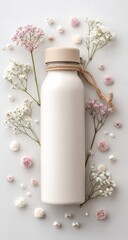 Beige water bottle surrounded by small flowers and beads