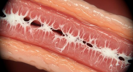 Anatomical cross-section of the intestine displaying prominent white lacteals after the digestion and absorption of dietary fats