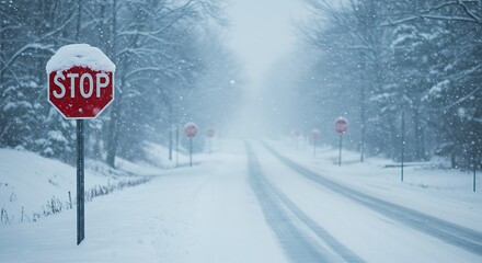 Snowy road with stop signs creating a tranquil winter landscape and road safety awareness