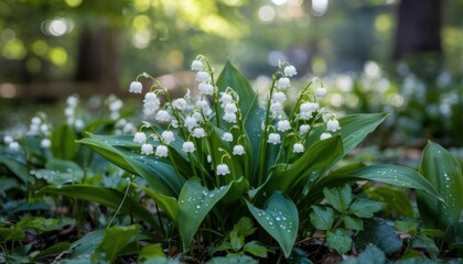 Delicate white lily of the valley flowers bloom in a sunlit forest