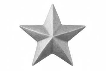 Metallic silver star gleaming, textured surface reflecting light against transparent backdrop, ideal for holiday styling