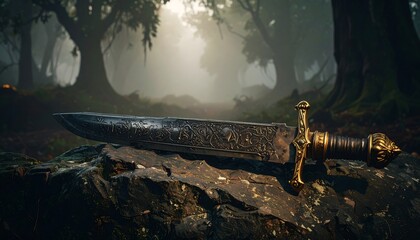 Ancient blade in misty forest (1)