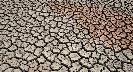 Detailed aerial perspective of a desiccated riverbed, showcasing the intricate patterns of cracked earth and the contrast between two soil colors