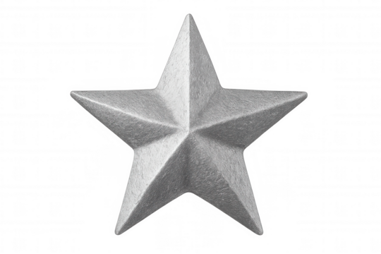 Metallic silver star gleaming, textured surface reflecting light against transparent backdrop, ideal for holiday styling