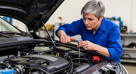 Skilled female mechanic working on a car engine.