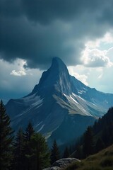 Fototapeta premium Majestic Mountain Peak Under Ominous Storm Clouds Dramatic Landscape Photography