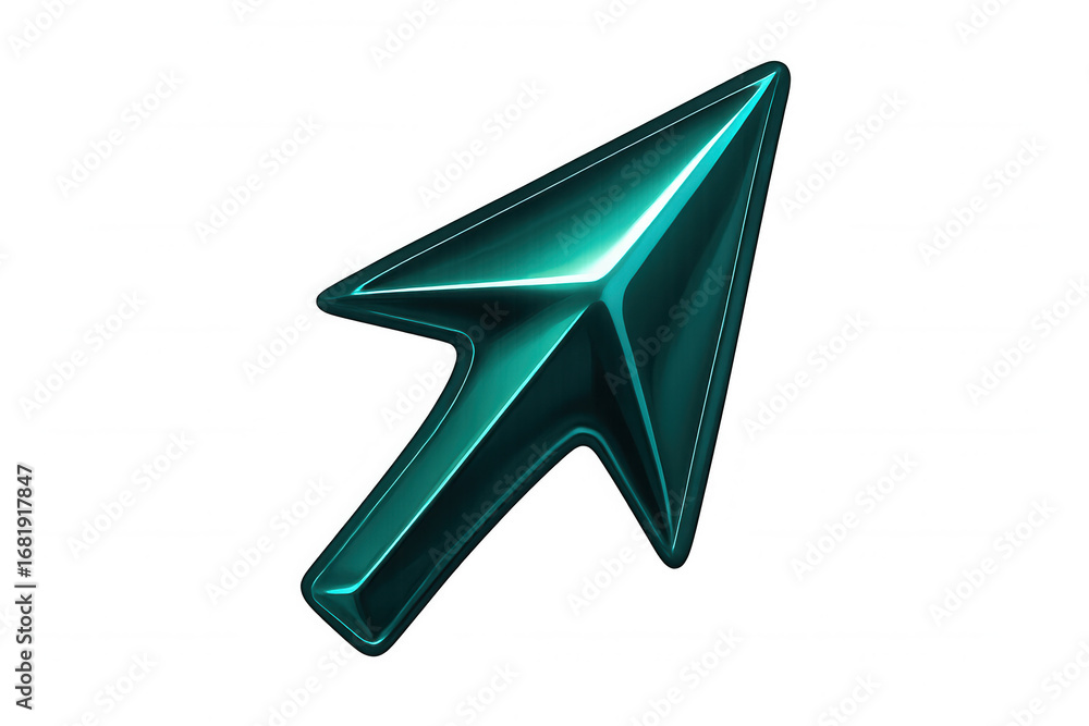 Poster metallic teal 3d computer mouse cursor hovering against transparent backdrop, highlighting digital i