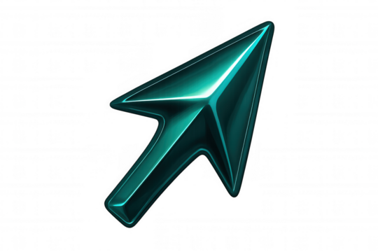 Metallic teal 3d computer mouse cursor hovering against transparent backdrop, highlighting digital interface graphic design element